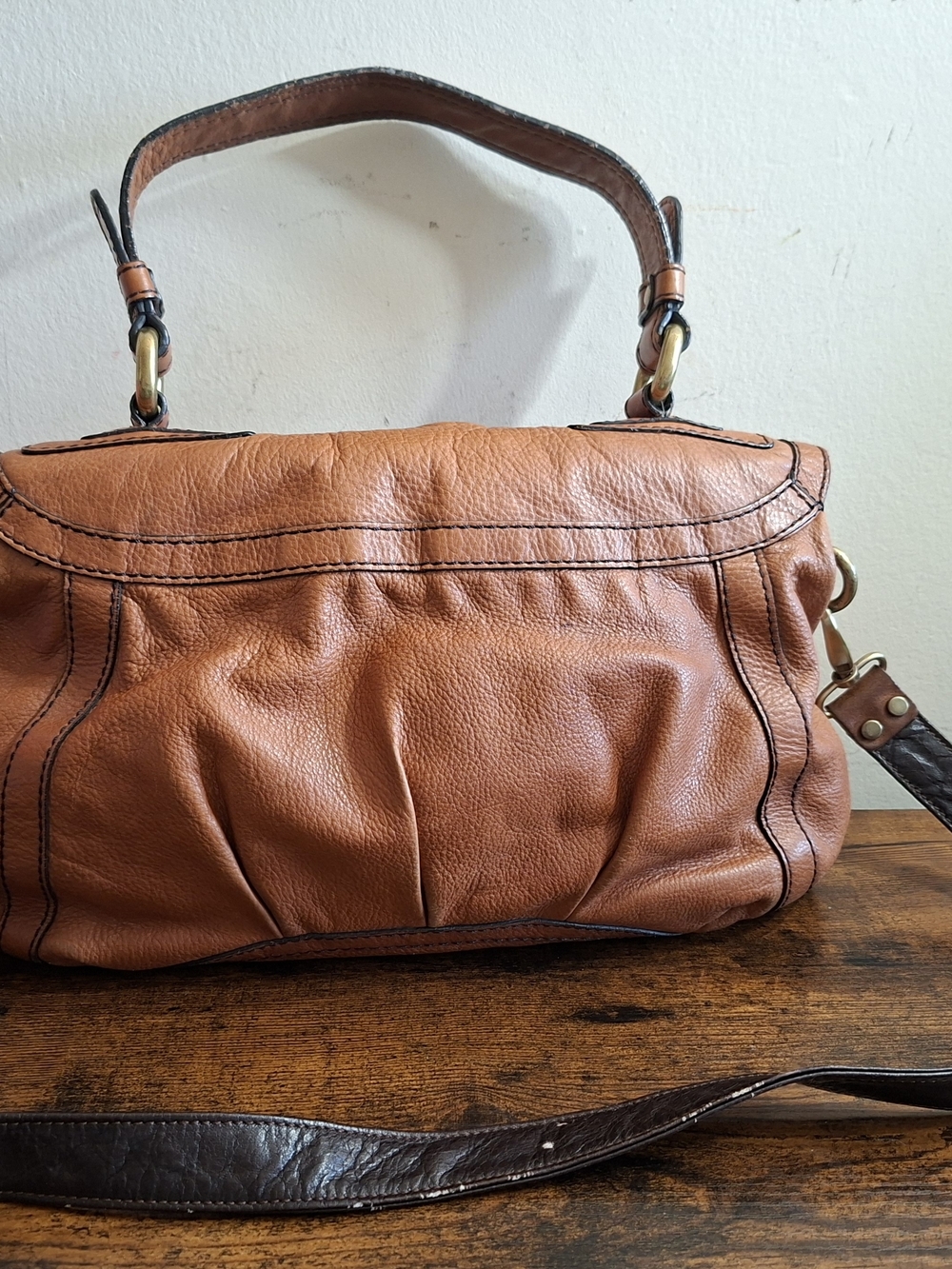 Fossil Brown Leather Shoulder Bag with Striped Flap - Picture 3 of 11